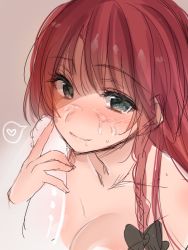 Rule 34 | 1girl, asa (coco), blush, breasts, cum, cum in mouth, facial, green eyes, hair ribbon, heart, hong meiling, penis, penis on face, red hair, ribbon, smile, solo focus, spoken heart, touhou