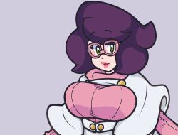 Rule 34 | 1girl, breasts, capelet, creatures (company), eyelashes, game freak, glasses, gonenannurs, green eyes, grey background, highres, large breasts, lips, long sleeves, looking at viewer, mouth hold, nintendo, parted lips, pink-framed eyewear, pink lips, pink sweater, pokemon, pokemon sm, purple hair, ribbed sweater, short hair, smile, solo, sweater, turtleneck, turtleneck sweater, upper body, white capelet, wicke (pokemon)