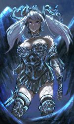 Rule 34 | 1girl, armor, armored dress, black clover, blue background, boots, breasts, choker, cleavage, clenched hand, glaring, headwear request, large breasts, long hair, looking at viewer, noelle silva, pink eyes, silver hair, sword, thigh boots, thighhighs, thighs, tiara, twintails, valkyrie, watermark, weapon, wings