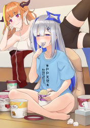 Rule 34 | 2girls, alternate costume, amane kanata, angel, bare legs, bare shoulders, barefoot, bed, black shorts, black thighhighs, blonde hair, blue hair, blue shirt, blunt bangs, blush, breasts, bright pupils, camisole, collarbone, colored inner hair, crying, crying with eyes open, cup, disposable cup, doukyo&#039;s, dragon girl, dragon horns, elbow rest, fangs, feet out of frame, food, food on face, frilled camisole, frills, full body, haagen-dazs, hair between eyes, hair intakes, hair ornament, hairclip, half-closed eyes, halo, head rest, highres, holding, holding spoon, hololive, horns, ice cream, ice cream cup, indian style, indoors, jacket, unworn jacket, kiryu coco, kiryu coco (loungewear), large breasts, long hair, looking away, lying, mugiwara boushi (a26666221), multicolored eyes, multicolored hair, multiple girls, no pants, official alternate costume, on bed, on floor, on side, orange hair, pointy ears, pp tenshi t-shirt, purple eyes, red eyes, red jacket, shirt, short shorts, short sleeves, shorts, silver hair, single hair intake, sitting, skin fangs, slit pupils, spaghetti strap, spoon, star (symbol), star halo, star print, streaked hair, t-shirt, tears, thighhighs, thighs, tissue, tissue box, track jacket, twintails, used tissue, utensil in mouth, virtual youtuber, white camisole, wooden floor