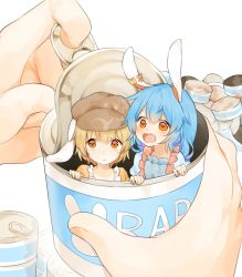 Rule 34 | 2girls, animal ears, bad id, bad twitter id, blonde hair, blue hair, blush, can, earclip, flat cap, floppy ears, hat, in container, mini person, minigirl, misha (hoongju), multiple girls, open mouth, rabbit ears, red eyes, ringo (touhou), seiran (touhou), short hair, touhou, white background