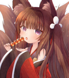 Rule 34 | 1girl, amagi-chan (azur lane), azur lane, blunt bangs, brown hair, commentary request, dango, eyes visible through hair, food, hair ribbon, head tilt, holding, holding food, japanese clothes, kimono, long hair, looking at viewer, manjuu (azur lane), mirun (funimani), off shoulder, purple eyes, ribbon, sidelocks, simple background, solo, thick eyebrows, twintails, wagashi, white background, wide sleeves