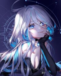 Rule 34 | 1girl, absurdres, ahoge, artist name, black choker, black dress, blue eyes, blue gemstone, blue hair, blue nails, blush, breasts, choker, cleavage, closed mouth, colored inner hair, dress, eyes visible through hair, furina (genshin impact), gem, genshin impact, heart, heart-shaped pupils, highres, leaning forward, long hair, long sleeves, mismatched pupils, multicolored hair, ringeko-chan, sleeves past wrists, smile, solo, symbol-shaped pupils, white hair