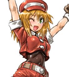 Rule 34 | 1girl, ;d, amania orz, arms up, belt, black gloves, blonde hair, breasts, capcom, covered navel, gloves, green eyes, hat, long hair, medium breasts, mega man (series), mega man legends (series), one eye closed, open mouth, outstretched arms, red shorts, roll caskett (mega man), short sleeves, shorts, simple background, smile, solo, white background