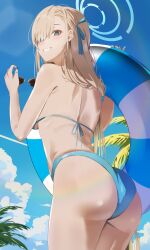 1girl absurdres ass asuna_(blue_archive) bikini blonde_hair blue_archive blue_bikini blue_eyes blue_ribbon blue_sky blush breasts grin hair_over_one_eye hair_ribbon halo highres innertube kuu_(user_gngs5284) large_breasts long_hair looking_at_viewer looking_back ribbon sky smile solo sunglasses swim_ring swimsuit very_long_hair wedgie