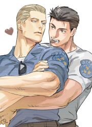 Rule 34 | 2boys, albert wesker, bara, black hair, blonde hair, blue eyes, blue shirt, chocolate, chris redfield, collared shirt, couple, food, food in mouth, heart, hug, hug from behind, looking at another, male focus, multiple boys, muscular, muscular male, resident evil, resident evil 1, shirt, short hair, simple background, sunglasses, tatsumi (psmhbpiuczn), upper body, white background, white shirt, yaoi