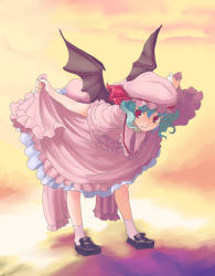 Rule 34 | 1girl, bat wings, clothes lift, dress, dress lift, female focus, full body, gradient background, hat, nanami sano, outdoors, pink hat, remilia scarlet, sky, solo, touhou, wings