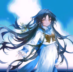 Rule 34 | 1girl, aona (ns), arm at side, black hair, feet out of frame, floating hair, hair ribbon, long hair, long skirt, long sleeves, looking at viewer, original, outstretched arm, parted bangs, ribbon, sailor collar, shirt, skirt, sleeves past wrists, smile, solo, turtleneck, very long hair, white shirt, yellow eyes, yellow ribbon