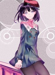 Rule 34 | 1girl, abstract background, absurdres, beret, bishoujo senshi sailor moon, bishoujo senshi sailor moon s, black hair, black pantyhose, blue shirt, blue skirt, cowboy shot, expressionless, hat, highres, looking at viewer, mibe (goforit mibe), pantyhose, purple background, purple eyes, red hat, saturn symbol, shirt, short hair, skirt, solo, tomoe hotaru