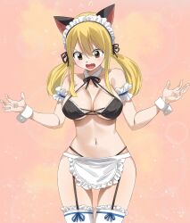 Rule 34 | 1girl, animal ears, annoyed, apron, armband, bikini, black bikini, blonde hair, blush, breasts, brown eyes, cat ears, cleavage, collarbone, commentary, cowboy shot, detached collar, embarrassed, fairy tail, fake animal ears, flying sweatdrops, frilled apron, frilled bikini, frills, frown, garter straps, gaston18, hair between eyes, halterneck, highres, large breasts, linea alba, lipstick, looking down, lucy heartfilia, maid, maid bikini, maid headdress, makeup, multicolored background, navel, open mouth, sidelocks, solo, sparkle, swimsuit, symbol-only commentary, thighhighs, twintails, unconventional maid, w arms, wide hips, wrist cuffs