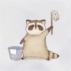 Rule 34 | :&lt;, animal focus, ayu (mog), bucket, closed mouth, grey background, holding, looking at viewer, mop, no humans, original, raccoon, signature, simple background, standing