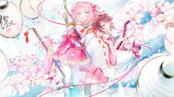 Rule 34 | 2girls, bai qi-qsr, blue eyes, bow (weapon), cherry blossoms, clogs, hair ornament, hairclip, highres, holding, holding bow (weapon), holding weapon, japanese clothes, kimono, lantern, looking at viewer, multiple girls, open mouth, original, petals, pink hair, red eyes, short hair, smile, thighhighs, weapon, white legwear