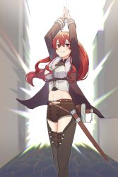 Rule 34 | 1girl, absurdres, black hairband, brown jacket, brown shorts, brown thighhighs, commission, eris greyrat, hairband, highres, holding, holding sword, holding weapon, jacket, long hair, looking at viewer, mushoku tensei, navel, pixiv commission, red eyes, red hair, sansu, sheath, shirt, shorts, solo, standing, sword, thighhighs, weapon, white shirt