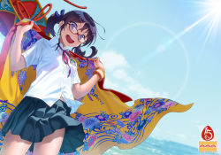 Rule 34 | 1girl, aoi sora (pairan), beach, blue sky, commentary, commentary request, day, glasses, hair ornament, hairclip, happy birthday, lens flare, looking at viewer, original, outdoors, pairan, skirt, sky, solo, water, wristband