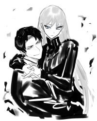 Rule 34 | 1boy, 1girl, angelica (project moon), black eyes, black hair, black jacket, black sweater, blue eyes, closed mouth, collared shirt, highres, hug, husband and wife, jacket, library of ruina, long hair, long sleeves, looking down, looking to the side, orururuu, project moon, ribbed sweater, roland (project moon), shirt, sweater, turtleneck, turtleneck sweater, upper body, very long hair, white hair, white shirt