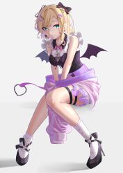 Rule 34 | aqua eyes, black bow, black footwear, blonde hair, blush, bow, breasts, closed mouth, collarbone, collared shirt, corset, demon wings, earrings, eyelashes, fang, frilled sleeves, frills, full body, grey background, hair bow, hair ornament, highres, invisible chair, jewelry, knees together feet apart, kurumi noah, leaning forward, legs, looking at viewer, medium breasts, multicolored hair, off shoulder, ogi (ogi03s), parted bangs, pleated skirt, purple hair, purple wings, ribbed socks, see-through, see-through skirt, shadow, shirt, short sleeves, simple background, sitting, skirt, sleeves past fingers, sleeves past wrists, socks, streaked hair, swept bangs, thigh strap, virtual youtuber, vspo!, white shirt, white socks, wings, x hair ornament