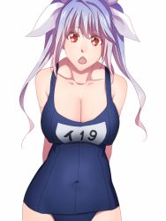 Rule 34 | 10s, 1girl, arms behind back, bad id, bad pixiv id, blue hair, breasts, cleavage, gradient hair, i-19 (kancolle), kantai collection, large breasts, long hair, looking at viewer, meron, multicolored hair, one-piece swimsuit, open mouth, personification, pink hair, red eyes, school swimsuit, simple background, solo, star-shaped pupils, star (symbol), swimsuit, symbol-shaped pupils, twintails, white background