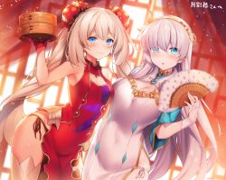Rule 34 | 2girls, absurdres, anastasia (fate), bamboo steamer, bare shoulders, black panties, blonde hair, blue eyes, breasts, bun cover, china dress, chinese clothes, cleavage, commission, covered navel, curtains, double bun, dress, fate/grand order, fate (series), gloves, hairband, hand fan, highres, large breasts, long hair, marie antoinette (fate), medium breasts, multiple girls, panties, raiou, red gloves, side-tie panties, silver hair, skeb commission, smile, trait connection, twintails, underwear, white panties