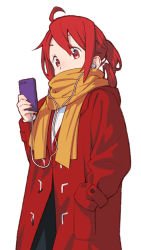 Rule 34 | 1girl, ahoge, cable, cellphone, coat, commentary, drill hair, duffel coat, earphones, eyebrows hidden by hair, hand in pocket, highres, holding, holding phone, kasane teto, looking at viewer, orange scarf, phone, red coat, red eyes, red hair, scarf, scarf over mouth, short hair, simple background, smartphone, solo, upper body, utau, white background, winter clothes, winter coat, yasutange