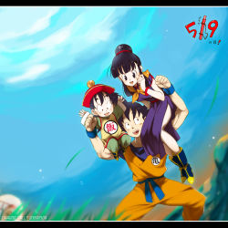 Rule 34 | 1girl, 2boys, black hair, blush, carrying, chi-chi (dragon ball), child, clothes writing, dragon ball, dragon ball (object), dragonball z, family, father and son, hair bun, happy, highres, hime cut, letterboxed, mother and son, multiple boys, open mouth, single hair bun, sitting, sitting on shoulder, son gohan, son goku, yukimitsuki
