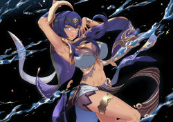 Rule 34 | 1girl, absurdres, bare shoulders, blue eyes, blue hair, blue shorts, blue skirt, breasts, bridal gauntlets, candace (genshin impact), cleavage, dark-skinned female, dark skin, detached sleeves, genshin impact, gold trim, hair ornament, hairband, halterneck, heterochromia, highres, jewelry, large breasts, looking at viewer, medium hair, navel, neck ring, open mouth, sash, short shorts, shorts, sidelocks, skirt, solo, thighlet, thighs, torahime (roland00), water, yellow eyes