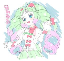 Rule 34 | 1girl, :d, blue eyes, bow, character name, cowboy shot, green hair, hair bow, hand up, holding, holding microphone, kkxxxx, laalulu, long hair, looking at viewer, microphone, multicolored hair, open mouth, pink bow, pretty series, pripara, puffy short sleeves, puffy sleeves, short sleeves, smile, solo, standing, twintails