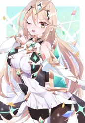 Rule 34 | 1girl, absurdres, armor, artist request, bare shoulders, blonde hair, blush, breasts, chest jewel, covered navel, dress, elbow gloves, gem, gloves, green background, hair ornament, headpiece, highres, jewelry, large breasts, leggings, long hair, looking at viewer, mythra (massive melee) (xenoblade), mythra (xenoblade), nintendo, one eye closed, open mouth, pantyhose, smile, solo, sparkle, super smash bros., swept bangs, thigh strap, thighs, tiara, very long hair, white background, white dress, xenoblade chronicles (series), xenoblade chronicles 2, yellow eyes