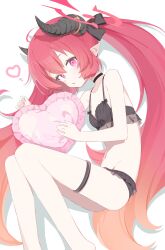 Rule 34 | 1girl, absurdres, black bra, black choker, black panties, blue archive, blush, bra, breasts, choker, collarbone, commentary, demon girl, demon horns, frilled panties, frilled pillow, frills, gradient hair, hair between eyes, halo, heart, heart-shaped pillow, highres, horns, junko (blue archive), lingerie, long hair, looking at viewer, lying, multicolored hair, navel, on side, orange hair, panties, parted lips, pillow, pink eyes, pointy ears, red hair, red halo, simple background, skinny, small breasts, solo, thigh strap, twintails, underwear, underwear only, urotsuki (2013.04), very long hair, white background