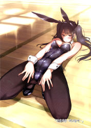 Rule 34 | 1girl, absurdres, animal ears, bare shoulders, black bow, black bowtie, black pantyhose, black ribbon, bow, bowtie, breasts, brown eyes, brown hair, cleavage, covered navel, day, detached collar, fake animal ears, fishnet pantyhose, fishnets, foreshortening, from above, gluteal fold, gym, hair ribbon, hairband, highres, indoors, latex, leaning back, leotard, medium breasts, original, pantyhose, playboy bunny, rabbit ears, reflection, ribbon, shiny clothes, skin tight, solo, spread legs, squatting, strapless, strapless leotard, sunlight, tsukino wagamo, twintails, wooden floor, wrist cuffs
