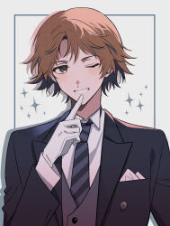 Rule 34 | 1boy, black jacket, brown eyes, brown hair, collared shirt, gloves, grey vest, grin, hanamura yousuke, highres, jacket, long sleeves, looking at viewer, male focus, necktie, one eye closed, persona, persona 4, pswlv05, shirt, simple background, smile, solo, sparkle, striped, striped necktie, upper body, vest, white gloves, white shirt
