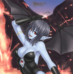 Rule 34 | 1990s (style), 1girl, :d, arm up, armlet, armpits, bare shoulders, bat wings, black hair, blue skin, breasts, cleavage, colored skin, corset, demon girl, demon tail, fang, gloves, houtengeki, large breasts, lilim (monster farm), looking at viewer, monster farm, monster girl, open mouth, pointy ears, red eyes, smile, solo, demon girl, tail, wings