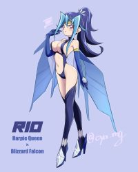 Rule 34 | 1girl, blue background, blue hair, breasts, chaya mago, commentary request, cosplay, curtains, elbow gloves, garter straps, gloves, harpie queen, harpie queen (cosplay), high heels, highleg, highleg leotard, kamishiro rio, large breasts, leotard, long hair, navel, ponytail, red eyes, revealing clothes, signature, thighhighs, very long hair, wide hips, yu-gi-oh!, yu-gi-oh! zexal