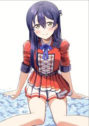 Rule 34 | 1girl, arm support, blue hair, blush, commentary request, dress, hair between eyes, long hair, looking at viewer, love live!, love live! school idol festival, love live! school idol project, red dress, shaka (staito0515), simple background, sitting, skirt, smile, solo, sonoda umi, wariza, yellow eyes