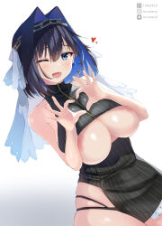 Rule 34 | 1girl, black panties, black shirt, black skirt, blue bow, blue hair, blush, bow, bow earrings, breasts, chain, chain headband, earrings, fang, hair intakes, headband, heart, heart hands, hololive, hololive english, huge breasts, instagram username, jewelry, large breasts, looking at viewer, miniskirt, mr.canaryy, multicolored hair, nipples, one eye closed, ouro kronii, ouro kronii (1st costume), panties, pixiv id, revealing clothes, shirt, short hair, simple background, skirt, sleeveless, sleeveless shirt, smile, thick thighs, thighs, twitter username, two-tone hair, underboob, underwear, veil, virtual youtuber, white background