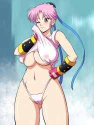 Rule 34 | 1girl, breasts, brown eyes, cameltoe, dragon quest, dragon quest dai no daibouken, hand on own hip, highres, large breasts, legs, lento (glamour works), maam, one eye closed, panties, pink hair, ponytail, see-through, see-through shirt, solo, square enix, sweat, thigh gap, thong, underwear