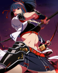 Rule 34 | 1girl, armor, belt, black eyes, black hair, black shirt, black skirt, blunt bangs, bracelet, breasts, cleavage, commentary request, cowboy shot, crop top, cropped jacket, dual wielding, faulds, frown, holding, holding sword, holding weapon, jacket, jewelry, large breasts, long hair, looking to the side, midriff, miniskirt, multicolored hair, navel, open mouth, original, ponytail, qwel 08, red belt, red hair, scabbard, sheath, shirt, short sleeves, skirt, standing, streaked hair, sword, unsheathed, weapon, white jacket