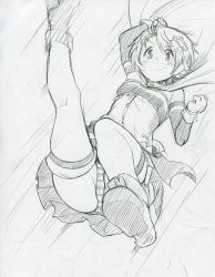 Rule 34 | 10s, blush, cape, falling, fortissimo, greyscale, hair ornament, hairclip, kicking, leg lift, mahou shoujo madoka magica, mahou shoujo madoka magica (anime), miki sayaka, monochrome, musical note, musical note hair ornament, panties, pantyshot, sketch, skirt, smile, solo, striped clothes, striped panties, takeshisu, thighhighs, underwear, upskirt