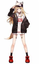 Rule 34 | 1girl, bare legs, baseball cap, blonde hair, blue eyes, collar, commentary request, dog tail, fox tail, full body, hand in pocket, hat, hat tip, hat with ears, highres, hood, hoodie, jacket, long hair, no pants, off shoulder, open clothes, open jacket, red footwear, shugao, smile, tail, virtual youtuber, white background