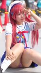 Rule 34 | 1girl, animated, asian, character request, cosplay, hat, highres, long hair, outdoors, panties, photo (medium), red hair, sailor, salute, school uniform, serafuku, sitting, skirt, striped clothes, striped panties, tagme, underwear, video