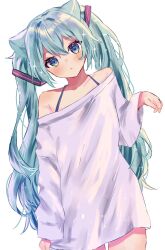 Rule 34 | 1girl, :o, animal ears, aqua eyes, aqua hair, cat ears, commentary, hair between eyes, hand up, hashtag-only commentary, hatsune miku, highres, light blush, long hair, looking at viewer, natukisigure, off-shoulder shirt, off shoulder, open mouth, shirt, sidelocks, simple background, solo, sparkle, twintails, very long hair, vocaloid, white background, white shirt