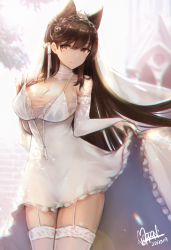 Rule 34 | 1girl, animal ears, atago (azur lane), atago (lily-white vow) (azur lane), azur lane, bare shoulders, breasts, brown eyes, brown hair, chromatic aberration, cleavage, cowboy shot, dress, elbow gloves, extra ears, garter straps, gloves, hair between eyes, hair ornament, hair ribbon, headband, highres, jewelry, large breasts, long hair, mappaninatta, mole, mole under eye, outdoors, ribbon, signature, skirt hold, sleeveless, sleeveless dress, solo, standing, sunlight, thighhighs, wedding dress, white dress, white ribbon, white thighhighs