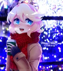 Rule 34 | 1girl, ahoge, bad id, bad pixiv id, blonde hair, blue background, blue eyes, blurry, coat, coffee cup, cup, dated, depth of field, disposable cup, highres, holding, holding cup, kisaragi yuu (fallen sky), merry christmas, open mouth, original, scarf, short hair, signature, smile, solo, steam, upper body, winter clothes, winter coat