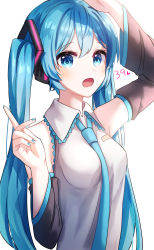 Rule 34 | 1girl, 39, :o, absurdres, arm up, blue eyes, blue hair, blue nails, blue necktie, breasts, collared shirt, detached sleeves, grey sleeves, hair between eyes, hair ornament, hatsune miku, highres, ille (xcpa7325), long hair, long sleeves, medium breasts, nail polish, necktie, open mouth, shirt, simple background, sleeveless, sleeveless shirt, solo, twintails, upper body, very long hair, vocaloid, white background, white shirt, wing collar