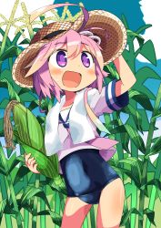 Rule 34 | 10s, 1girl, corn, hair ornament, hat, i-58 (kancolle), kanikama, kantai collection, open mouth, pink hair, purple eyes, school swimsuit, school uniform, serafuku, short hair, smile, solo, straw hat, swimsuit, swimsuit under clothes, towel