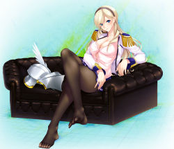 Rule 34 | 10s, 1girl, bad id, bad pixiv id, black pantyhose, black upholstery, blonde hair, blue eyes, blush, breasts, celia kumani entory, cleavage, collarbone, couch, crossed legs, epaulettes, f-cla, feathers, feet, female focus, fingernails, hairband, unworn headwear, helm, helmet, large breasts, legs, long hair, long legs, looking at viewer, no shoes, open clothes, open shirt, pantyhose, shirt, sitting, smile, solo, thighs, toes, walkure romanze, winged helmet