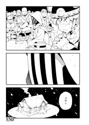 Rule 34 | 2girls, 3koma, 4boys, ambiguous gender, armor, comic, crossed arms, crowd, english text, greyscale, helmet, highres, ireading, looking at another, monochrome, multiple boys, multiple girls, original, sitting, snowing, standing, sweat, the end (phrase), translation request, trembling