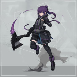 Rule 34 | 1girl, axe, fingerless gloves, full body, gloves, highres, holding, holding weapon, hood, hoodie, jiang1274, original, ponytail, purple eyes, purple hair, short shorts, shorts, solo, weapon