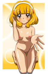 Rule 34 | 10s, 1girl, barefoot, blonde hair, blush, breasts, cleft of venus, completely nude, gentoku, hairband, highres, kise yayoi, kneeling, looking at viewer, navel, nipples, nude, open hand, precure, pussy, short hair, small breasts, smile, smile precure!, solo, thigh gap, uncensored, white hairband, yellow eyes