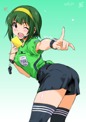 Rule 34 | 10s, 1girl, 2012, adidas, armpit peek, ass, bent over, breasts, dated, fifa, green hair, hairband, headset, idolmaster, idolmaster (classic), inoue sora, medium breasts, mole, mole under mouth, one eye closed, open mouth, otonashi kotori, pantylines, pointing, red eyes, referee, short hair, shorts, soccer, soccer uniform, solo, sportswear, thighhighs, watch, whistle, wink, world cup, wristwatch, yellow card