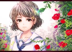 Rule 34 | 1girl, blue neckerchief, blurry, brown eyes, brown hair, collarbone, depth of field, expressionless, eyelashes, flower, glint, gradient background, hair ornament, hairclip, highres, leaf, letterboxed, lips, looking at viewer, mole, mole under eye, neckerchief, original, poppy (flower), ryochi (pon1015), sailor collar, solo, upper body, white background